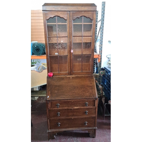 1438 - Star lot : Edwardian oak secretary desk with glass-front bookcase, three drawers, fold-out writing s... 