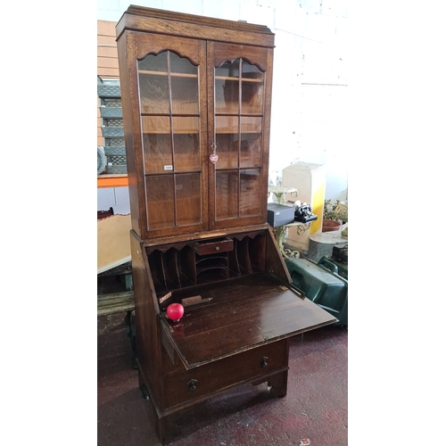 1438 - Star lot : Edwardian oak secretary desk with glass-front bookcase, three drawers, fold-out writing s... 