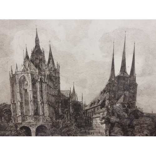 69 - Star Lot: An antique large wonderful etching on paper. Features the 'Erfurt Cathedral' by Arndt, Leo... 