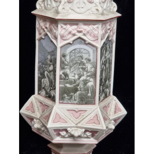 198 - Star Lot : An impressive antique Villeroy & Boch gothic lidded goblet on a high base, depicting Germ... 