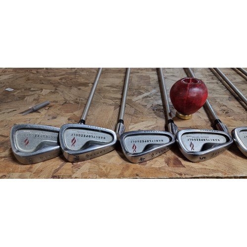 471 - Complete golf set featuring Titleist golf bag, Burner Superfast club, assorted irons, and accessorie... 