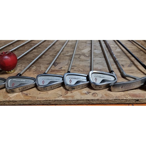 471 - Complete golf set featuring Titleist golf bag, Burner Superfast club, assorted irons, and accessorie... 