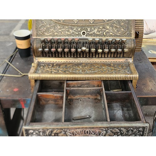 801 - Super Star lot : An original very heavy Antoine brass National cash register with ornate design and ... 