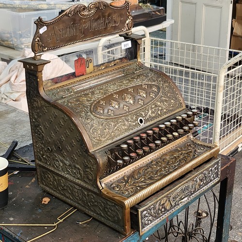 801 - Super Star lot : An original very heavy Antoine brass National cash register with ornate design and ... 