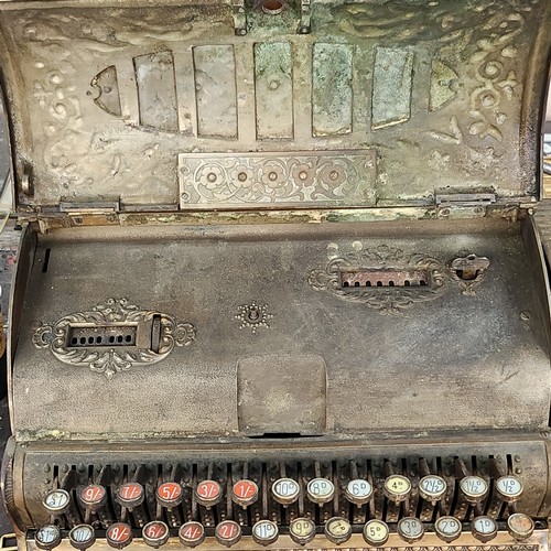 801 - Super Star lot : An original very heavy Antoine brass National cash register with ornate design and ... 