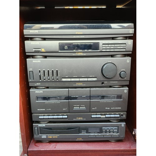 478 - Vintage mahogany cabinet with integrated Philips stereo system, featuring cassette deck, equalizer, ... 