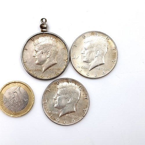 34 - Three 1964 90% silver John Kennedy half dollar silver coins together with a pendant. Items as per ph... 