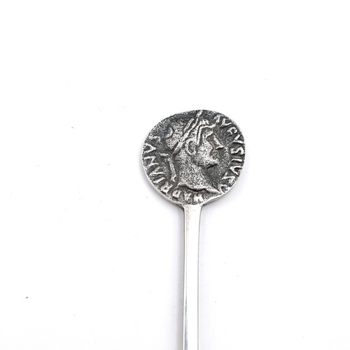 636 - A rare vintage sterling silver spoon with an original roman coin to top of handle. Hallmarks for Bir... 