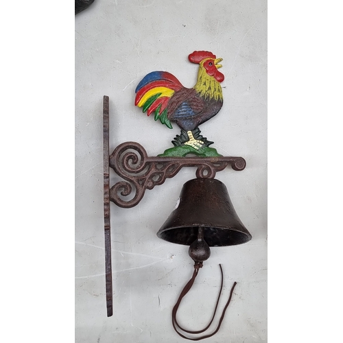 400 - Vintage cast iron rooster-themed dinner bell with colorful painted details. Features intricate mount... 