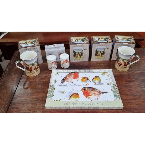 404 - Set includes four placemats with Winter Robins design, four fine china mugs with Cockerel & Hen desi... 