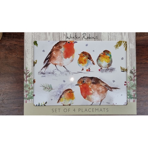 404 - Set includes four placemats with Winter Robins design, four fine china mugs with Cockerel & Hen desi... 