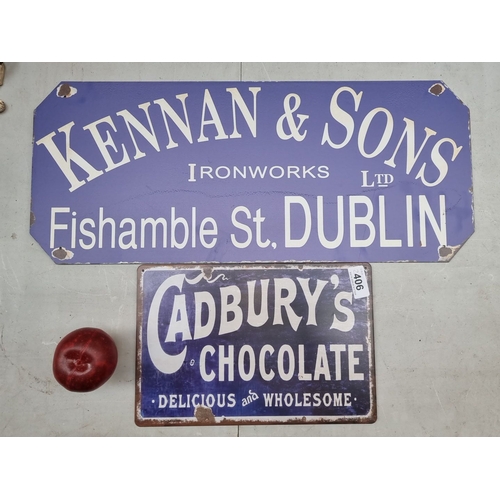 406 - Two vintage metal advertising signs. One for Kennan & Sons, Ironworks Ltd, Dublin, and the other for... 