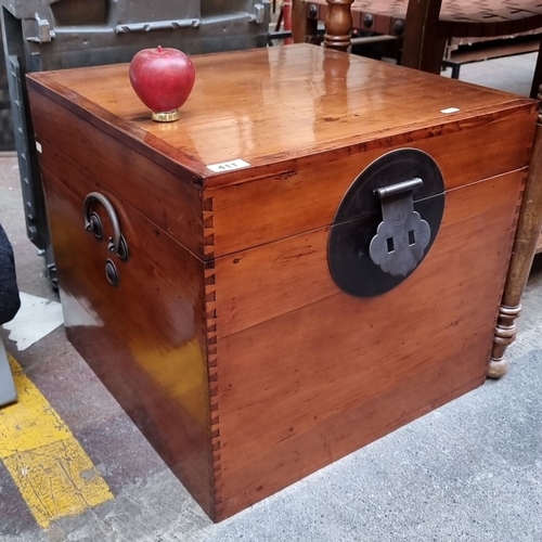 411 - Star Lot A stunning Antique Chinese hardwood storage chest with dovetail joints and a circular metal... 