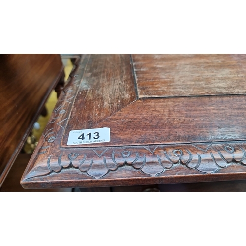 413 - Super star Lot : A stunning Victorian mahogany pedestal desk features intricate carved details, nine... 