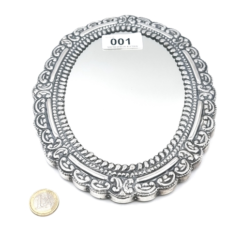 1 - A sterling silver (marked 925) glazed mirror set with scroll & dot design with wooden back frame and... 