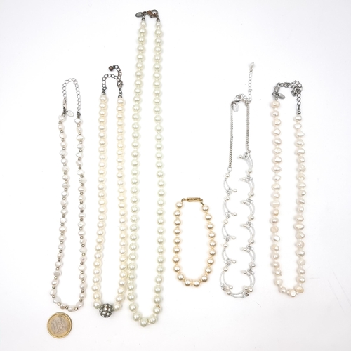 13 - A collection of assorted pearl items. Four necklaces: Lengths 1 x 42, 2 x 46, 1 x 60 cms. Together w... 