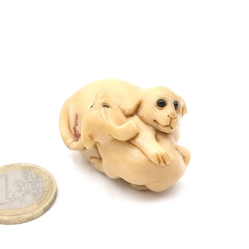 30 - An antique  carved bone group depicting a dog with puppy. Dimensions - 4.5 x 3 cms. Weight - 23.82 g... 