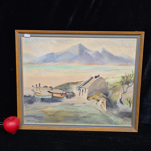 100 - An original vintage oil on board painting featuring a West of Ireland landscape with cottage, fishin... 