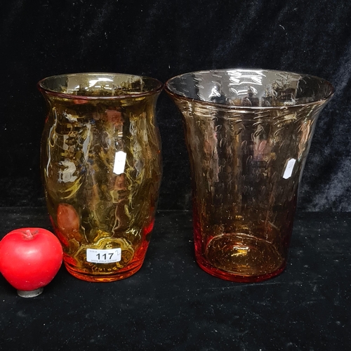 117 - Two large amber hand blown studio art glass vases. Both with sanded large pontil marks to base.