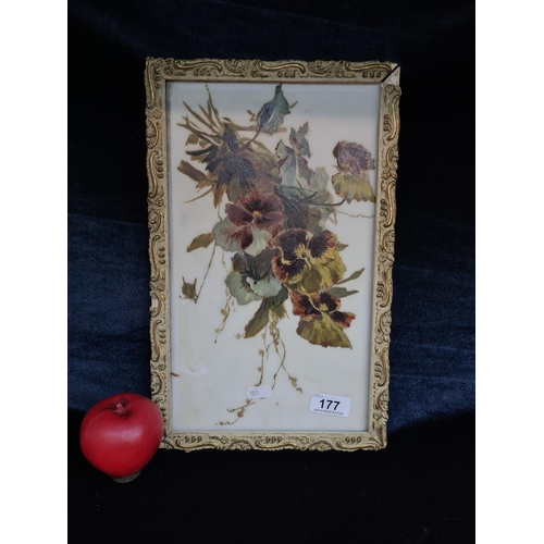 177 - A very pretty late 19th century porcelain panel painting. Features a still life of pansy flowers. Ho... 