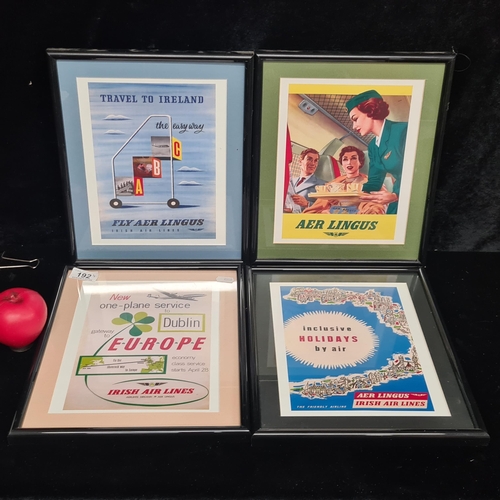 192 - Four framed prints of vintage advertising posters for the Irish Airline Aer Lingus. All housed in ne... 