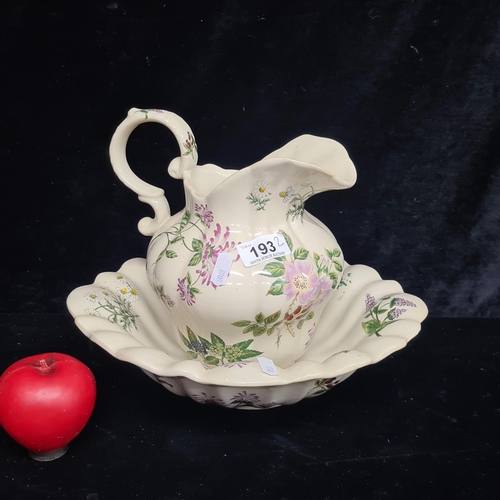 193 - Two vintage  pretty Staffordshire Ironstone pieces including a large pitcher jug and a fruit bowl. B... 