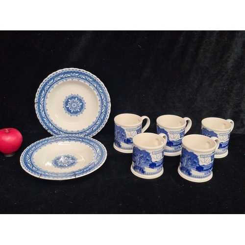 204 - Seven pieces of Masons Blue and White pottery. Including 5 Masons Crabtree and Evelyn mugs and two a... 