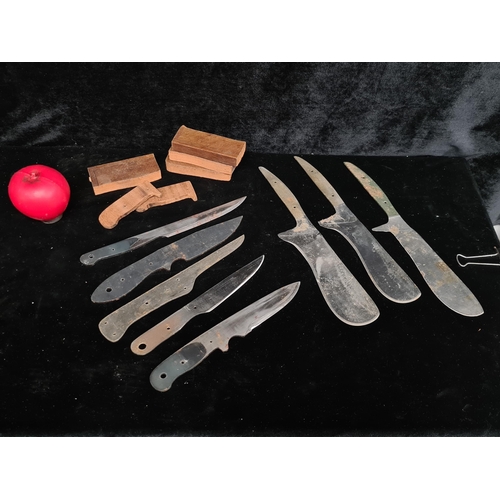 218 - A large selection of fantastic stainless steal knife blade blanks and handle blocks, some marked out... 