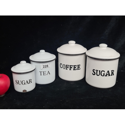 228 - A gorgeous set of four enameled tin Tea, Coffee and Sugar canisters. Brilliant vintage kitchen aesth... 