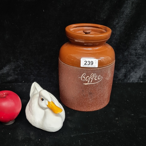 239 - A Lavett Langlay ceramic lidded coffee jar along with a very sweet bone China duck designed by Freem... 