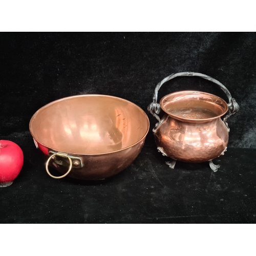 250 - Two vintage copper items including bowl and a dainty cauldron pot with wrought iron handle.