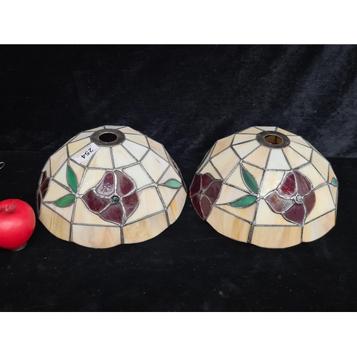 254 - Two beautiful Tiffany style stained glass lamp shades with red flower design.