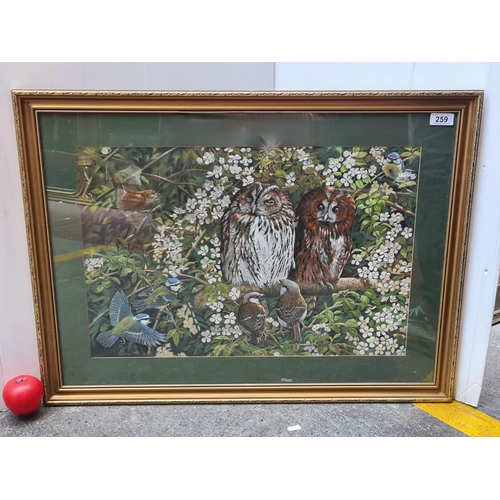 259 - A charming original chalk pastel on paper painting. Features owls perched on a branch along with oth... 