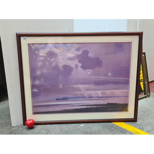 262 - A very large print of a John Skelton painting titled 'Dublin Port, Evening'. Housed in a wooden fram... 