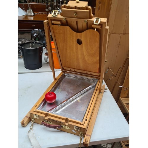 341 - A wonderful portable wooden artist's easel box with adjustable canvas holder and storage drawer.