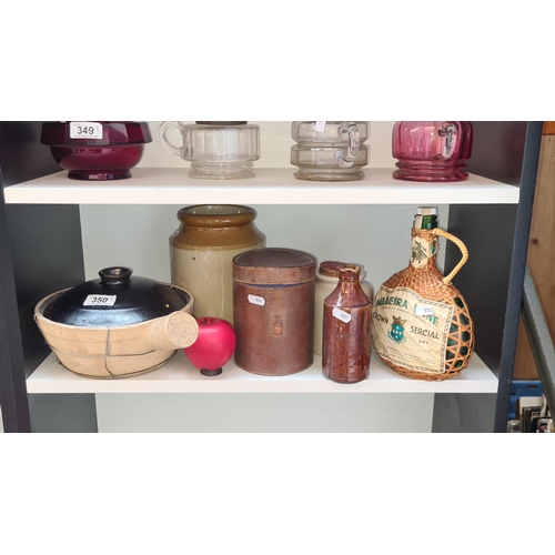 350 - Mixed lot of six vintage items including a stoneware jug, a Chinese medicine pot, rattan bound glass... 