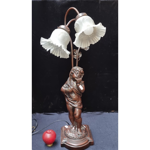 371 - A vintage Art Nouveau style, heavy figural table lamp with two glass shades.