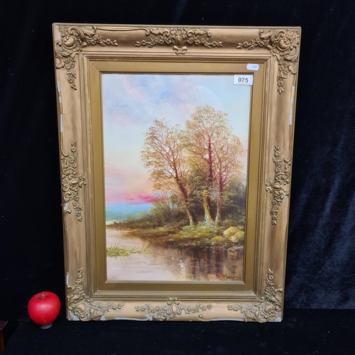 75 - A large original oil on board painting. Features a bucolic landscape scene. Rendered in a vivid colo... 