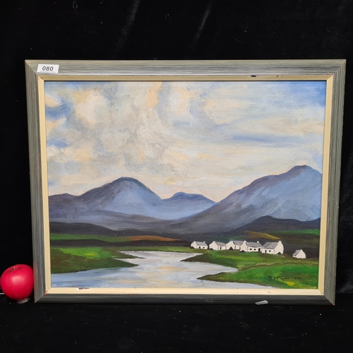 80 - A sweet original oil on board painting. Features a serene countryside landscape scene with blue hill... 