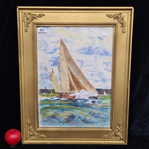 97 - A super original oil on canvas board painting titled 'Caribee in the Solent'. Features sail boat in ... 