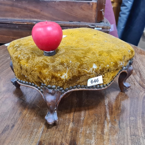 646 - A very sweet, Victorian mahogany foot stool with brass stud work and upholstered in mustard velvet f... 