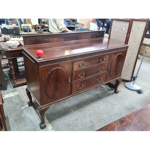 648 - A wonderful solid, vintage mahogany sideboard with carved gallery back and brass hardware. Beautiful... 