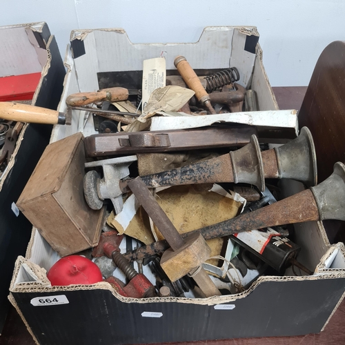 664 - A large box comprising of a mixed assortment of quality vintage tools including clamps, air horns, w... 