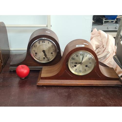 667 - Two examples of Napoleon Hat clocks, one made by Enfield Clock Co (London) Ltd., Made in England.