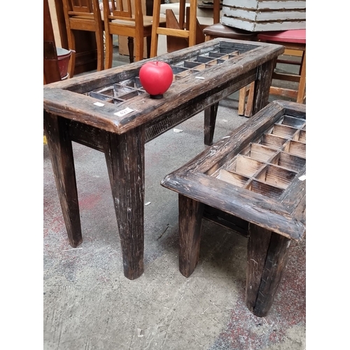 427 - Pair of rustic wooden tables featuring grid-like insets and an antique design. Brand New from a top ... 