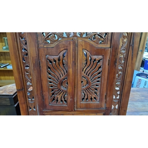 434 - Star Lot : A very handsome red mahogany  vanity or console table with detailed carved mirror behind ... 