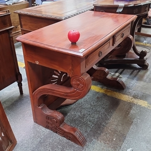 434 - Star Lot : A very handsome red mahogany  vanity or console table with detailed carved mirror behind ... 