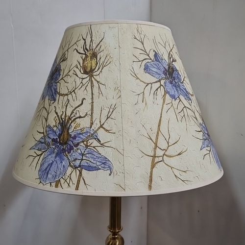 437 - Vintage brass floor lamp with floral-patterned shade has vibrant blue flowers on a beige background.... 