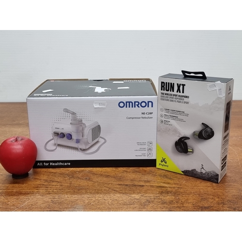 723 - Two brand new items including an Omron compressor nebulizer along with a pair of Jaybird Run XT wire... 