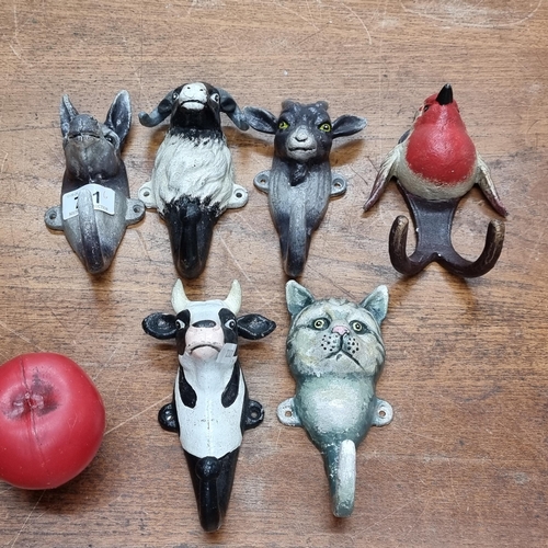 731 - A selection of 6 charming calves metal coat hooks in the form of various different animals